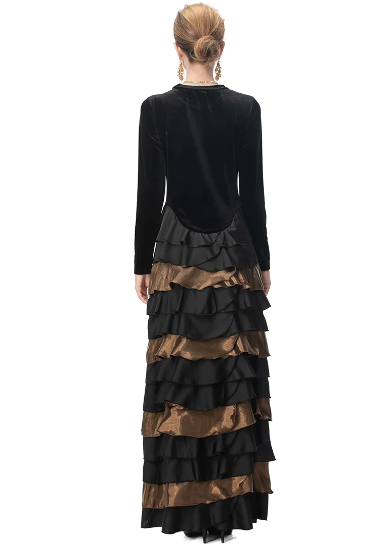 Dldenghan feminino veludo retalhos em camadas babados o pescoço manga longa maxi vestido vintage bolo estilo vestidos outono feminino