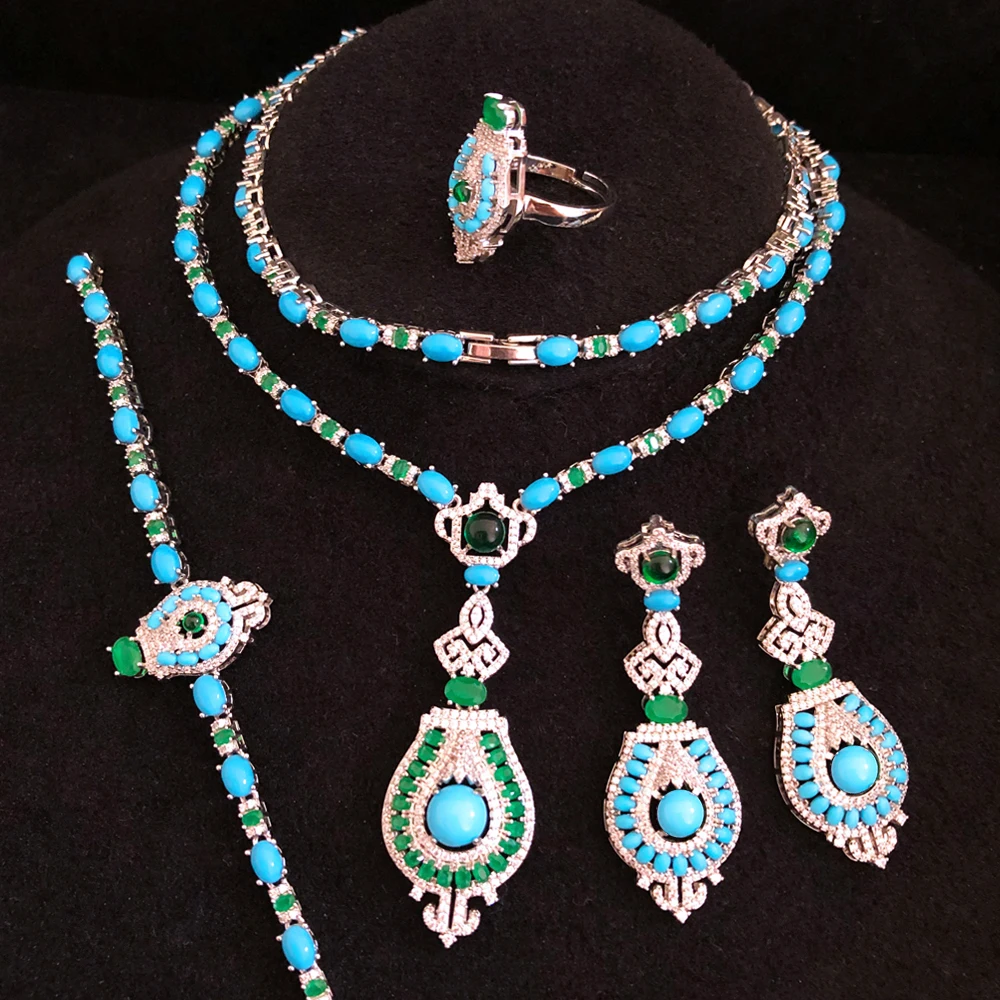 

GODKI New Fashion Turquoise UAE Dubai Bridal Jewelry Set For Women Wedding Party Nigerian African Necklace Earring Set