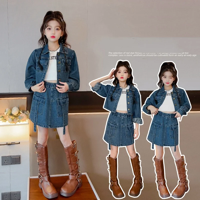 

Girls Clothes Sets Size 4-14Y Kid Denim Coat Top+Dress Bottom Suits Child 2 Piece Of Clothing Sets Toddle Girl Casual Denim Sets