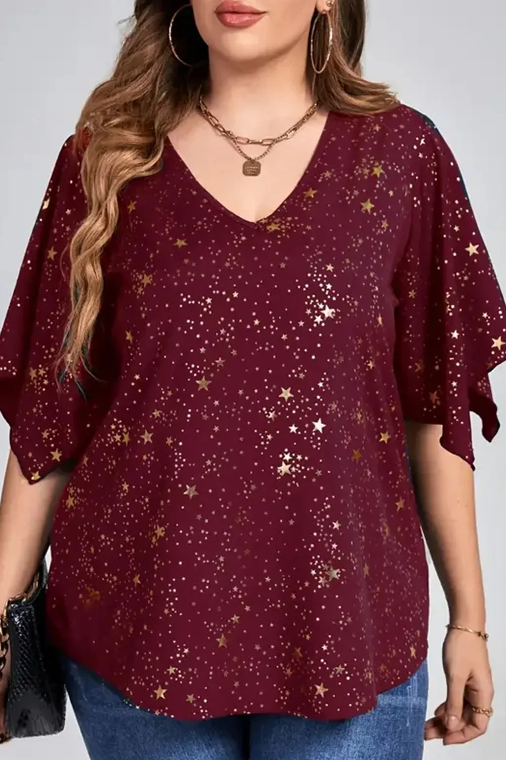 Plus Size Kerst Bordeaux Sparkly Bronzing Print V-hals Blouse Halve mouw Losse tops