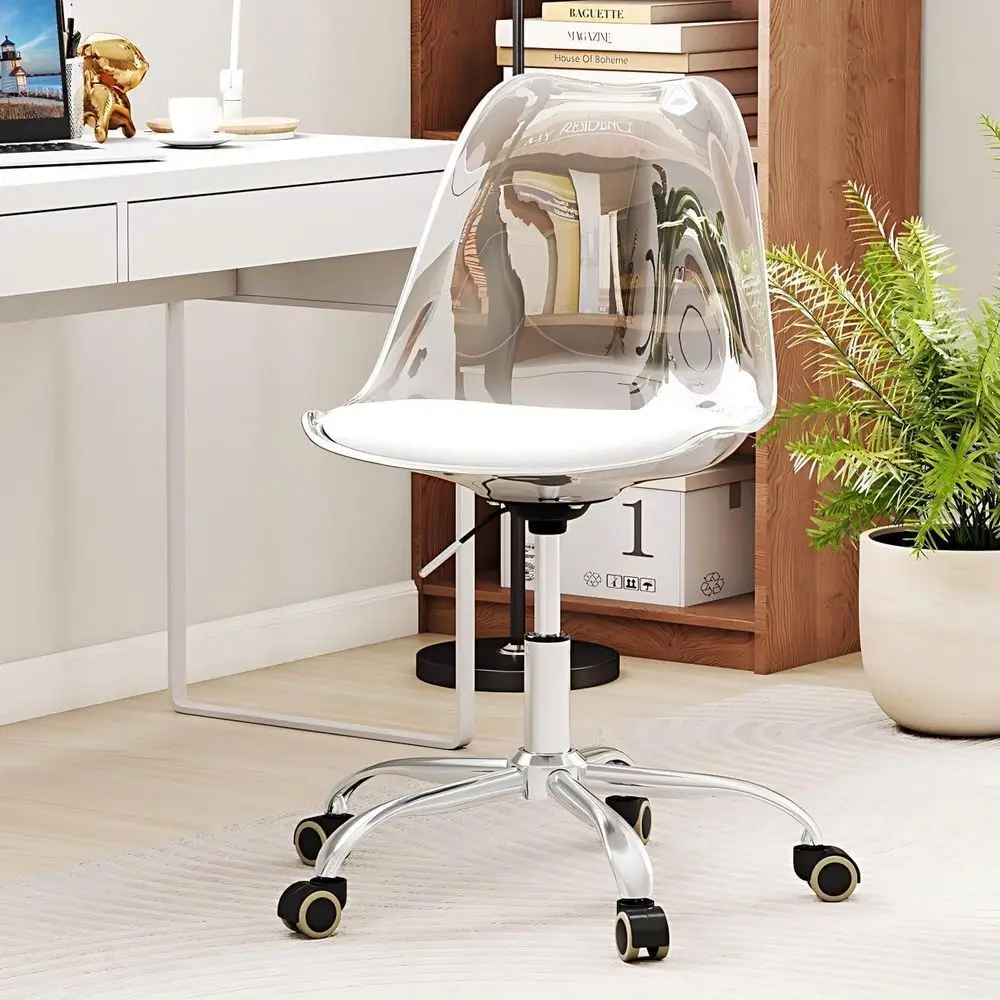 

Clear Acrylic Desk Chair with PU Leather Cushion, Swivel Rolling Chair for Home Office, Vanity, Makeup, and Small Spaces