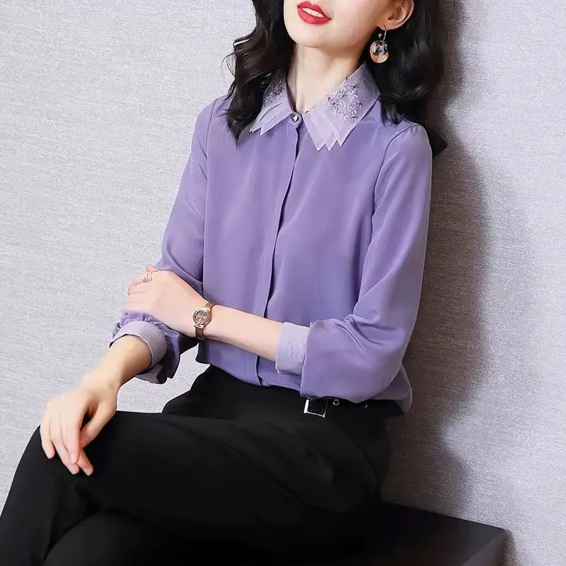 Fashion Elegant Embroidery Spliced Polo-Neck Shirt 2022 Autumn Winter Women\'s Clothing Solid Color Button Long Sleeve Blouse