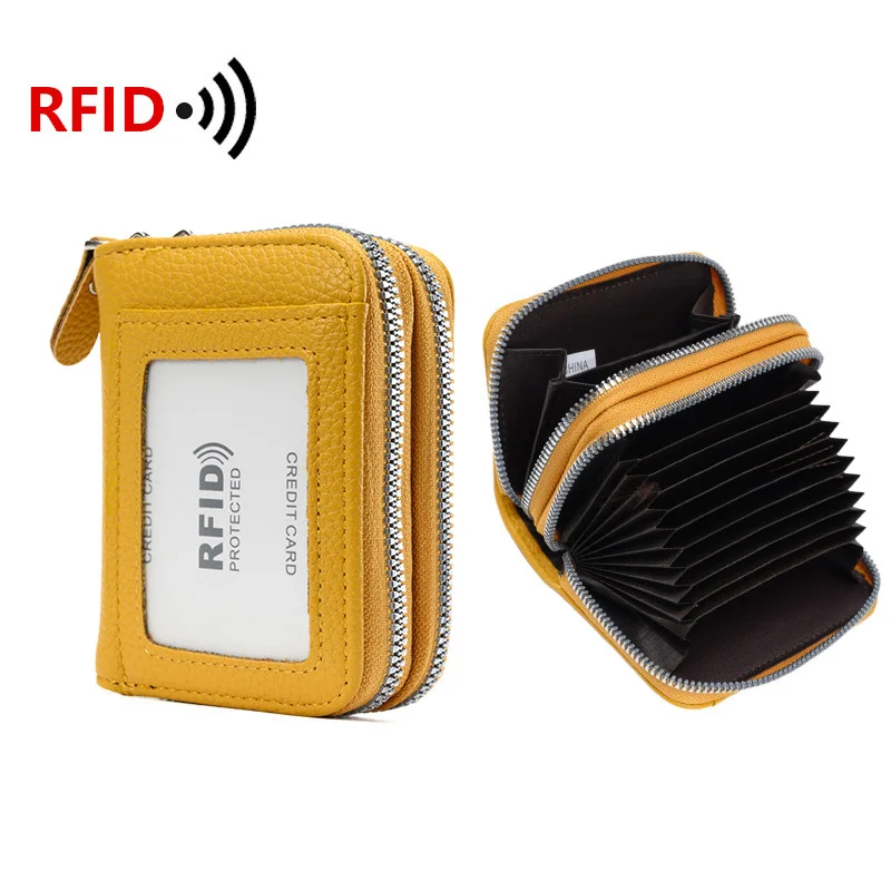 RFID Anti-Degaussing Women Wallets Unisex Card Bag Multi-Function Card Sleeve Anti-Theft Card Clip Double Zipper Coin Wallet