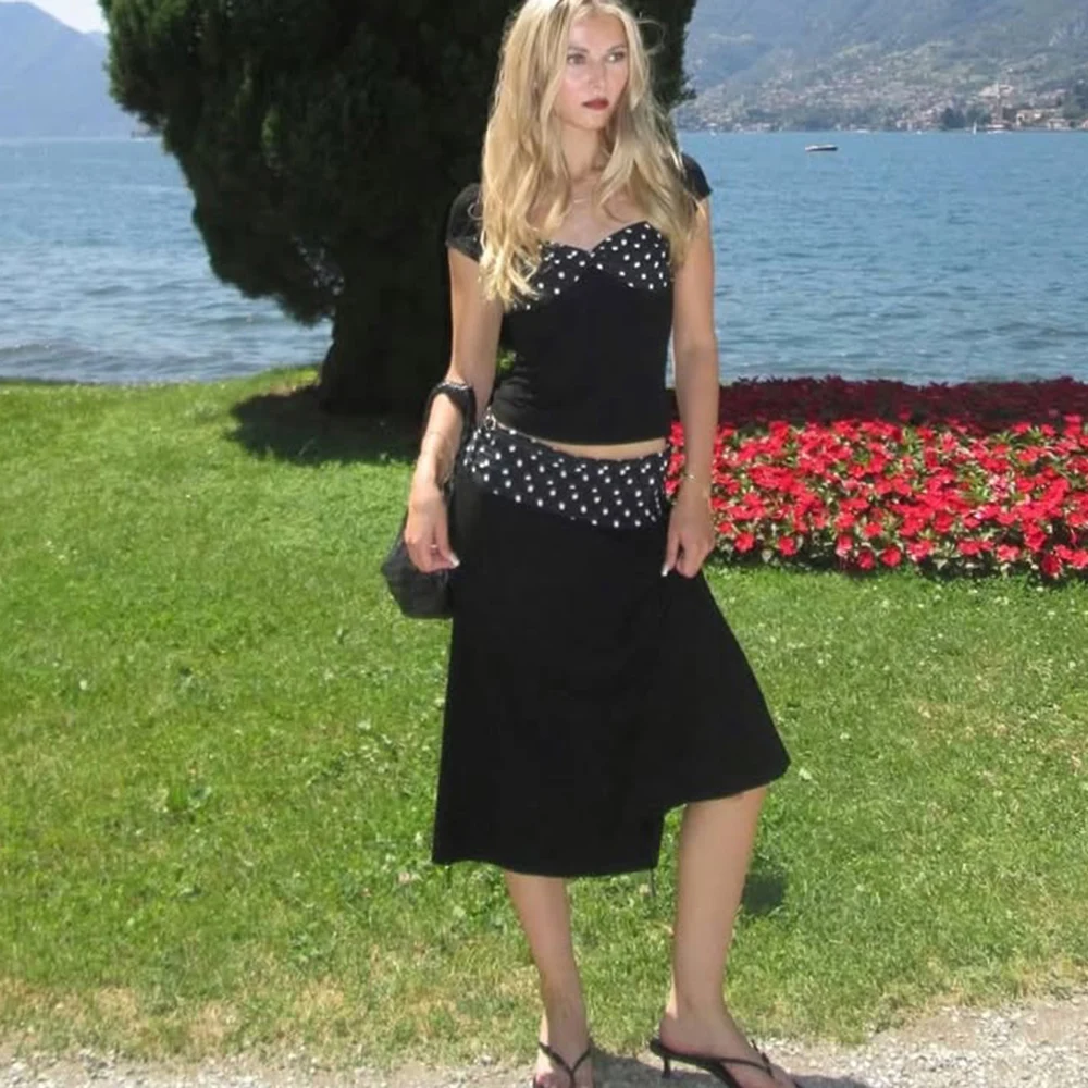 

DINADD Polka Dots Skirt Set Women's Lace Up Halter Top High Waist Patchwork Skirt Set Female Office Lady Fashion Skirt Set