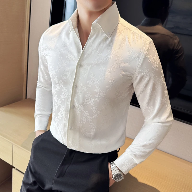 High Quality Dark Patterned Jacquard Men\'s Shirt Korean Designer Long Sleeved Slim Fit Casual Prom Tuxedo Black/White Shirt