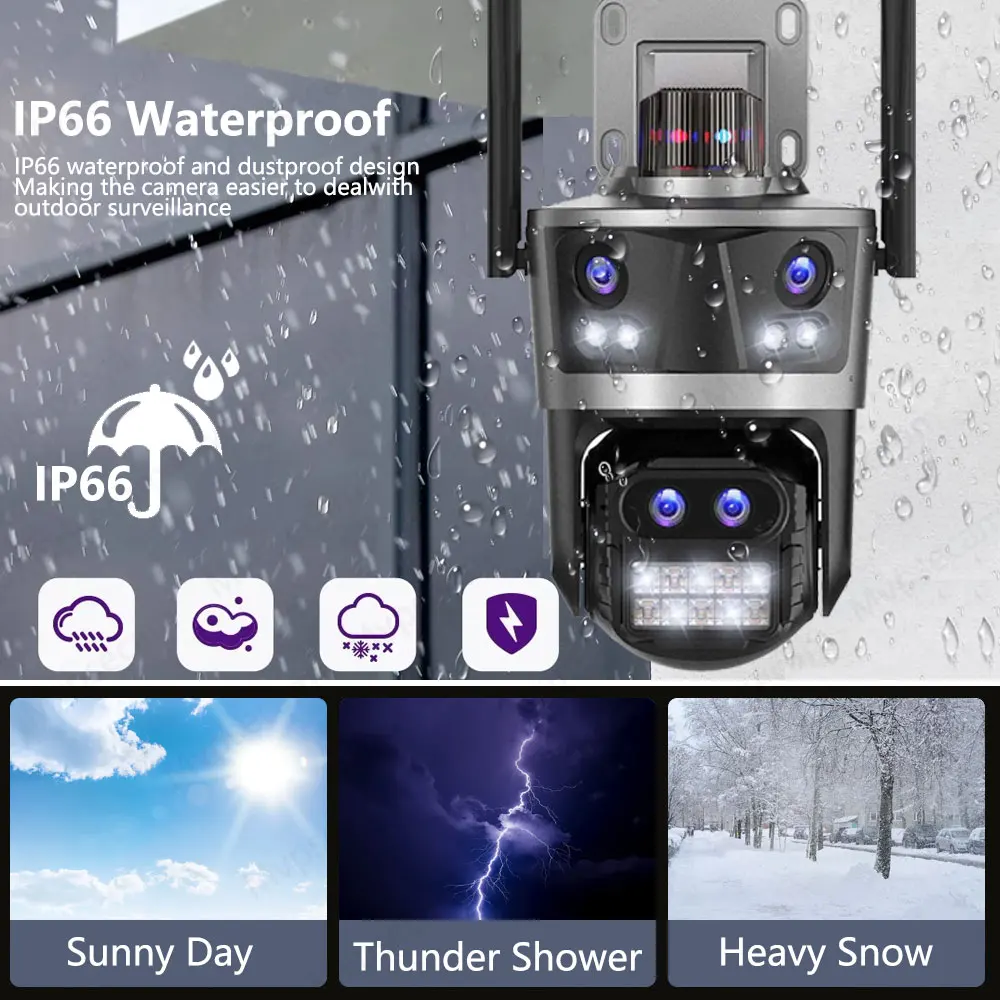 16MP 8K WiFi IP Camera Outdoor 8x PTZ Zoom Four Lens Three Screen 360° AI Auto Tracking Home Security CCTV Surveillance Camera