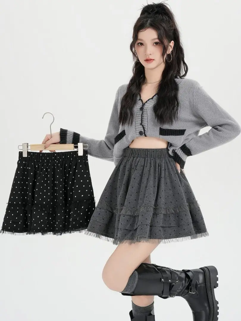 

Женская шерстяная юбка в горошек с кружевом, весна-осень 2026, новая модель, с высокой талией, А-силуэт, пышная, плиссированная, короткая юбка