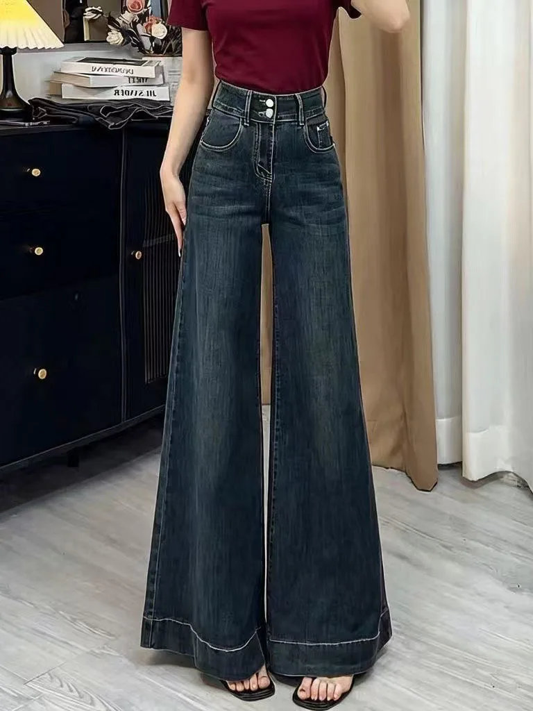 

Women's High Waist Wide Leg Jeans Loose Fit Slimming Drapey Versatile Floor Length Bootcut Long Trousers Casual Cotton Denim