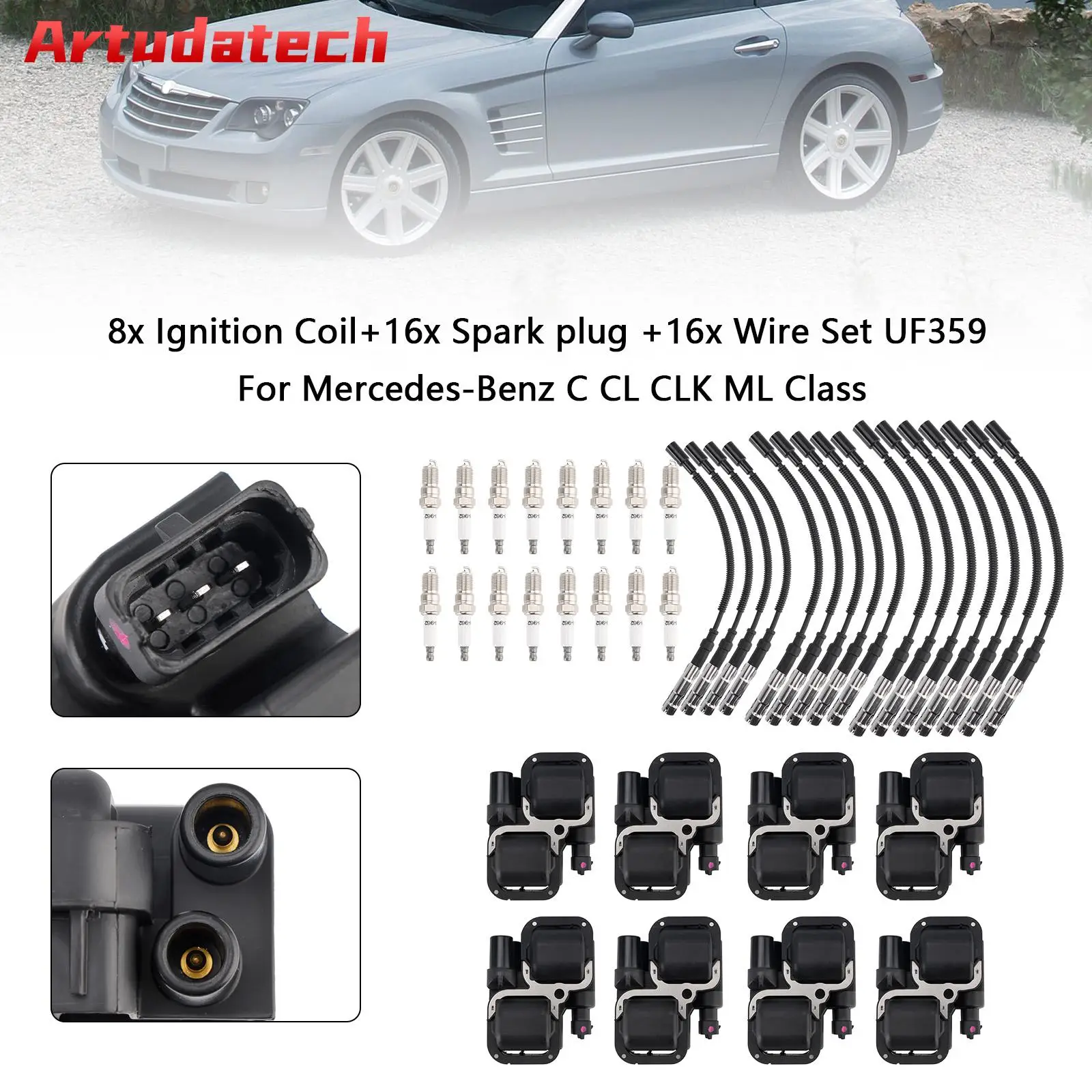

Artudatech 8x Ignition Coil+16xSpark plug +16x Wire Set UF359 For Mercedes-Benz C CL CLK ML Class Car Accessories