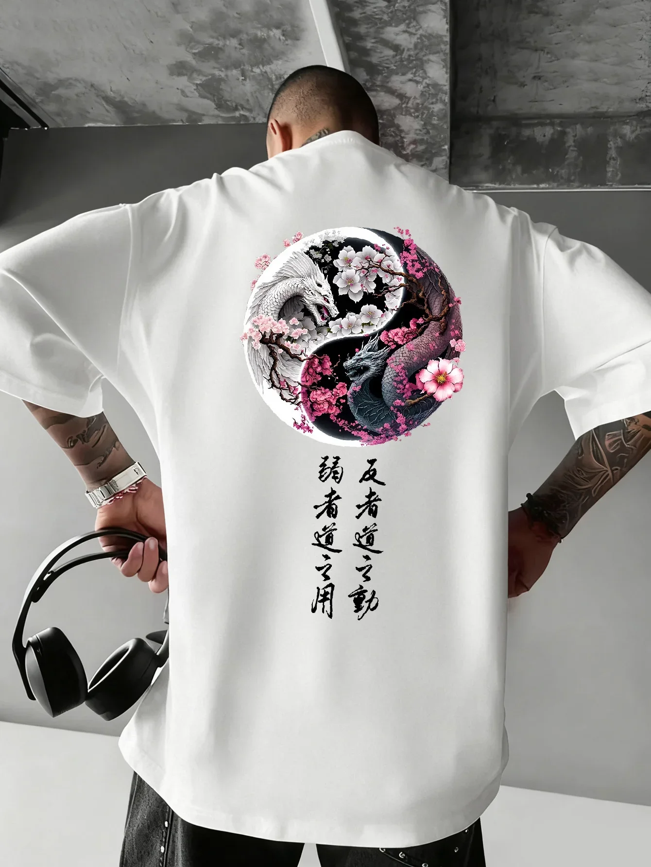 Men Yin Yang Dragon T Shirt Chinese Style Cherry Blossom Oriental Graphic Print Streetwear Casual Short Sleeve Tee Summer Top