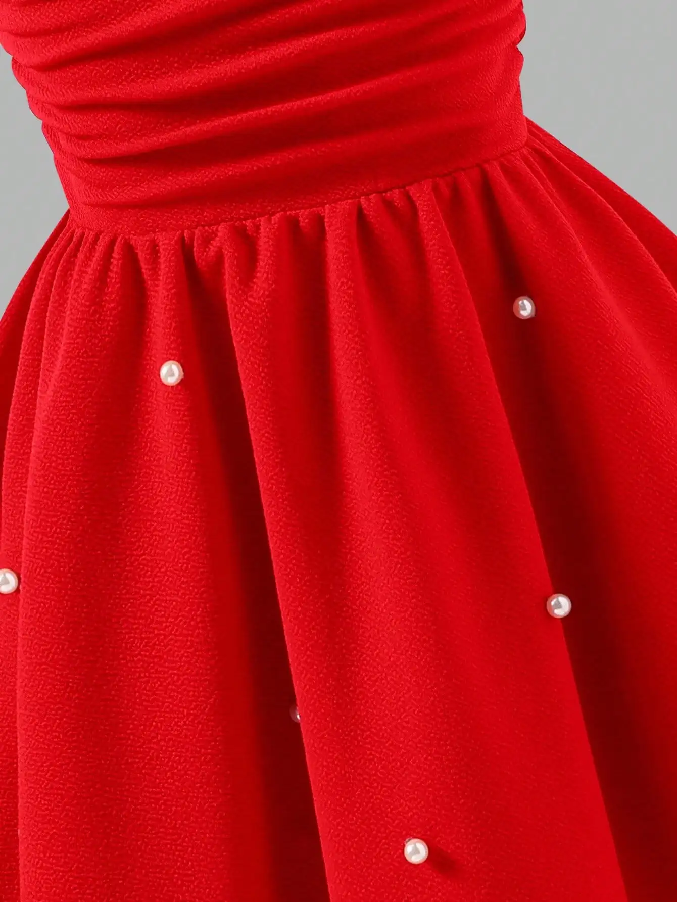 

Red Bow Knot Strap A-Line Dress With Pearl Beading Elegant Midi