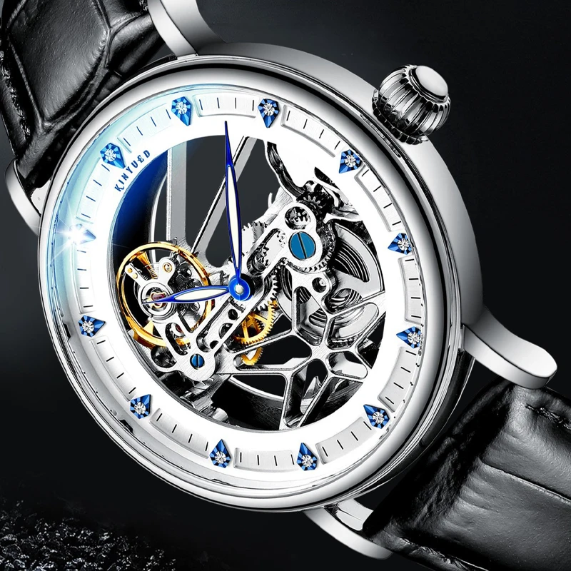 KINYUED العلامة التجارية الجديدة الفاخرة تصميم جوفاء الهيكل العظمي ساعة ميكانيكية للرجال حزام من الجلد مقاوم للماء موضة ساعات أوتوماتيكية رجالي
