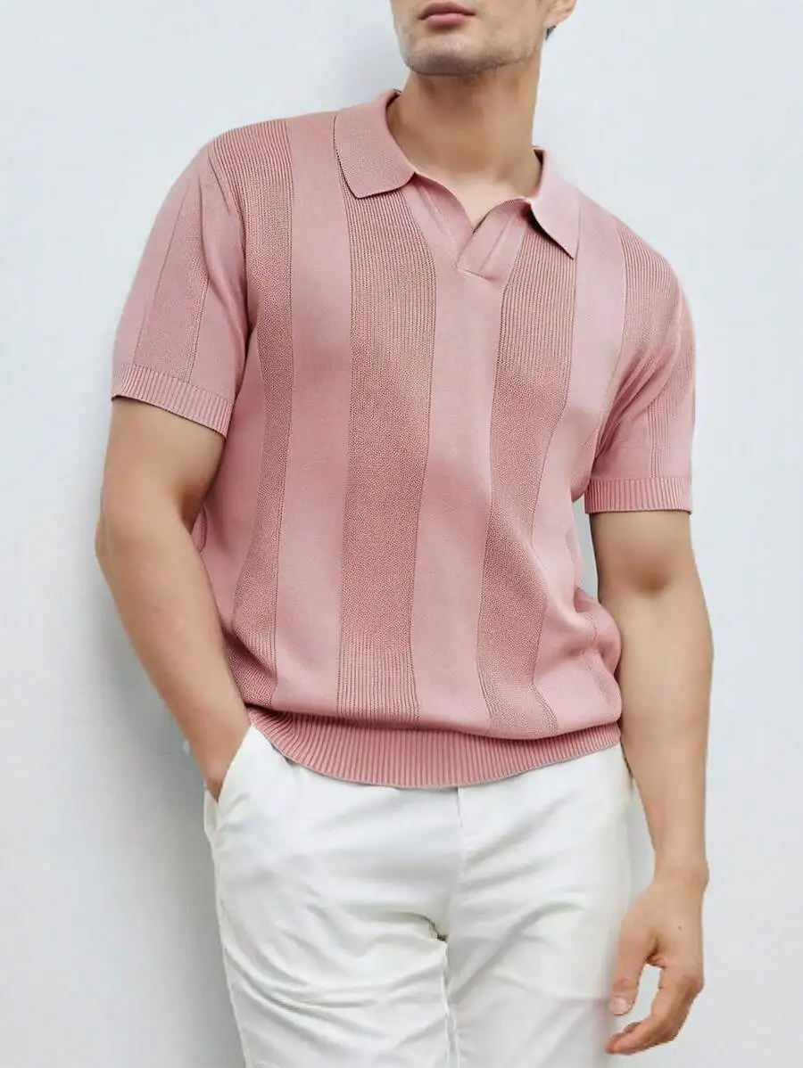 

Men's Pink Ribbed Knit Polo Shirt, Casual Short Sleeve for Daily Wear