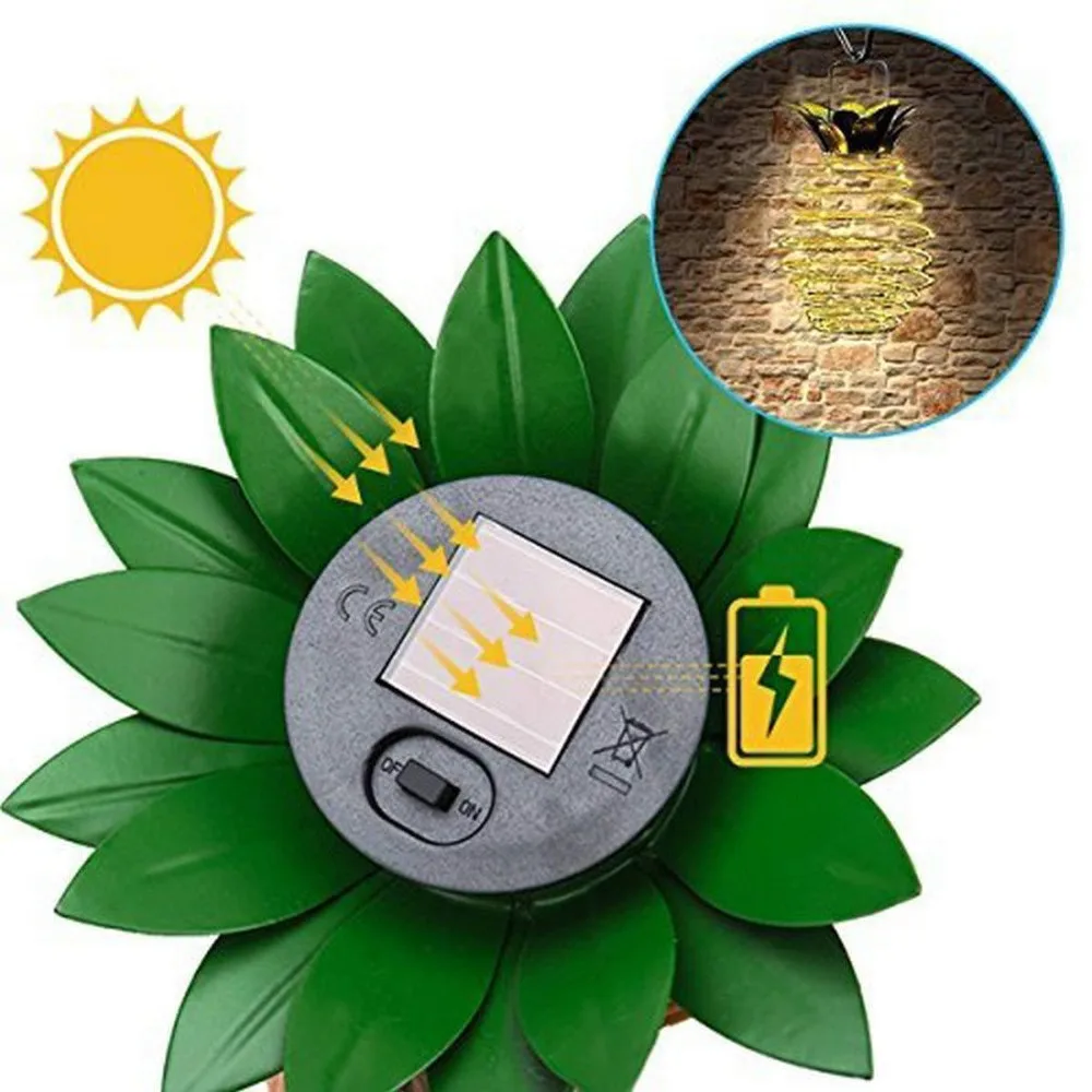 Lanterna solare per lampada solare in filo di rame con luce solare per ananas in ferro battuto da 24 LED per esterni