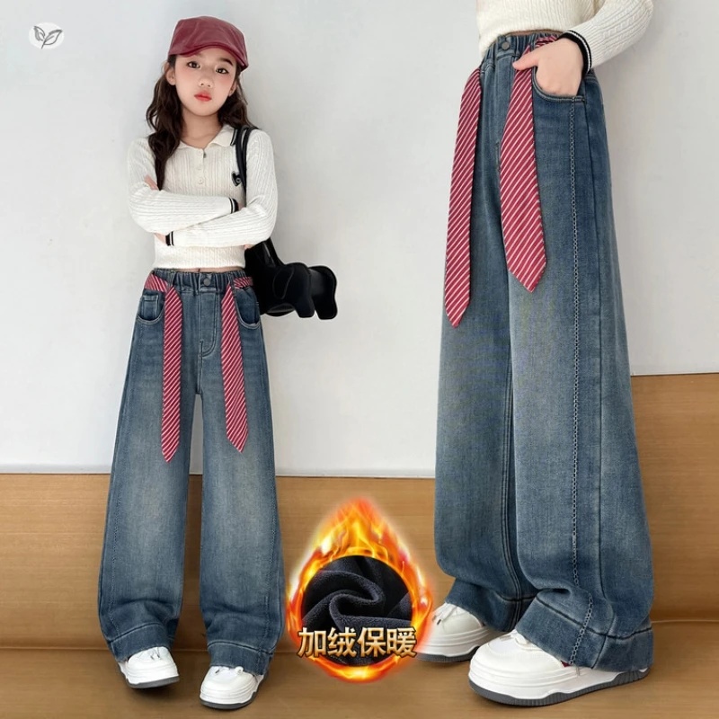 

Girls' Retro Jeans Stripe Belt Wide-Leg Pants, Suitable for Ages 7-14 Youth Winter Fleece-Lined Long Pants