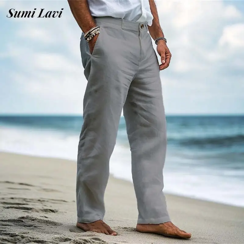 

Стильные мужские однотонные льняные штаны, весенне-осенние новые повседневные свободные прямые брюки для мужчин, повседневные льняные брюки для отдыха