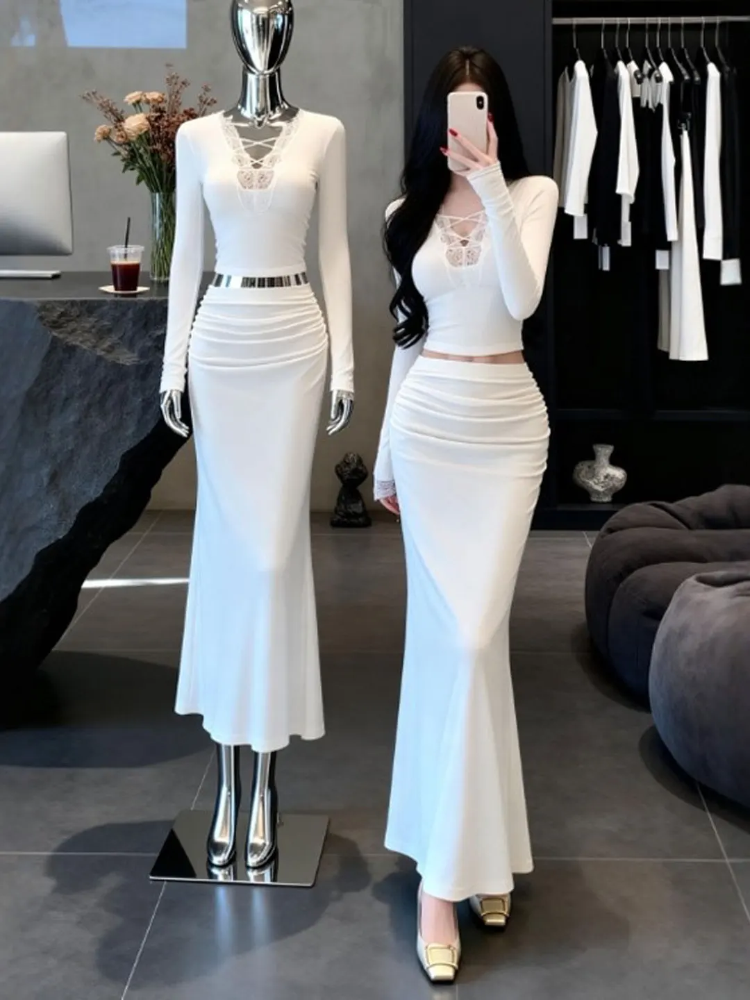 

Sexy Pure Desire V-neck Top And Wraparound Skirt Two-piece Set Spring 2026 Women's Fashion Casual Comfortable Midweight