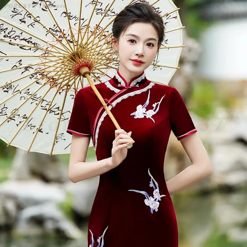 female-plus-size-5xl-qipao-short-sleeved-velvet-cheongsam-retro-elegant-improved-dress-stage-performance-catwalk-dance-costumes