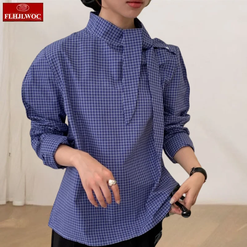 Chic Style coréen nœud papillon hauts Blouses 2025 à manches longues filles Style Preppy ample petit ami conception blanc bouton bleu chemises à carreaux