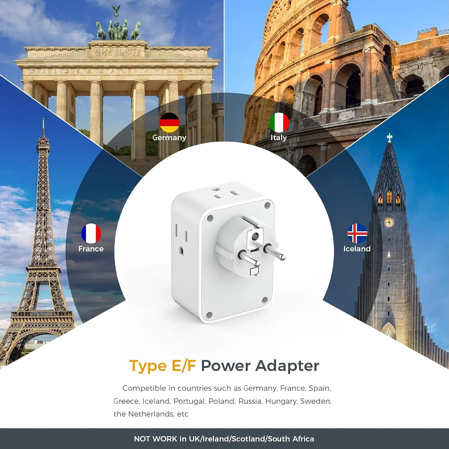 TESSAN US To European Travel Adapter Multi-Country Power Adapter US Plug Converter Compatible with KR DE ES FR IL Type E/F Plug