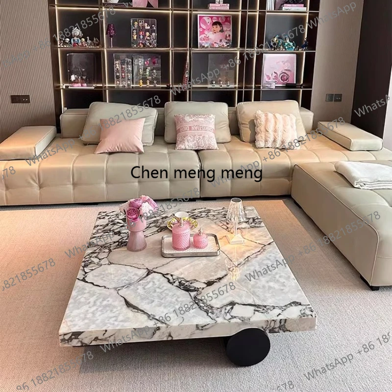 

French Modern Minimalist Coffee Table for Home Living Room Stainless Steel Round Cream Style Marble