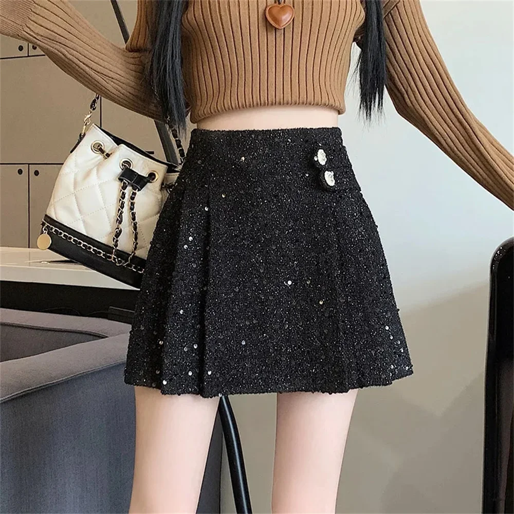 Sequined Pink Suit Skirt Female Autumn and Winter Fragrance High Waist A word Pleated Skirt Tweed High Waist  Skirts for Women