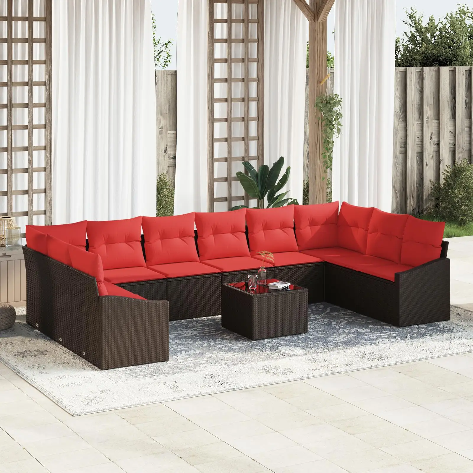 

Elegant 11 Piece Outdoor Garden Sofa Set with Cushions Brown Poly Rattan Furniture for Patio Deck or Balcony