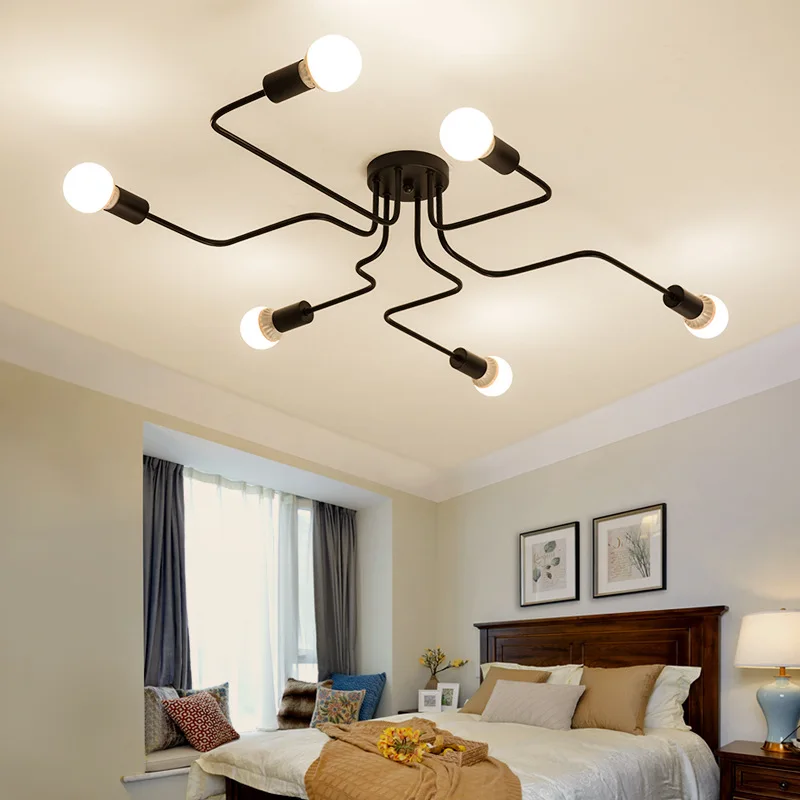 Vintage living room ceiling light, multi pole forged iron bedroom ceiling light, E27 bulb, living room lighting fixture