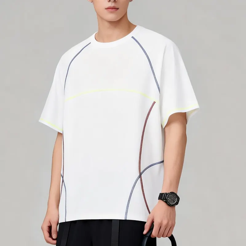 Color Block Striped Short Sleeve T-Shirt Men's Summer Outdoor Loose Quick Dry Sport Casual Top for Running Fitness All-Match