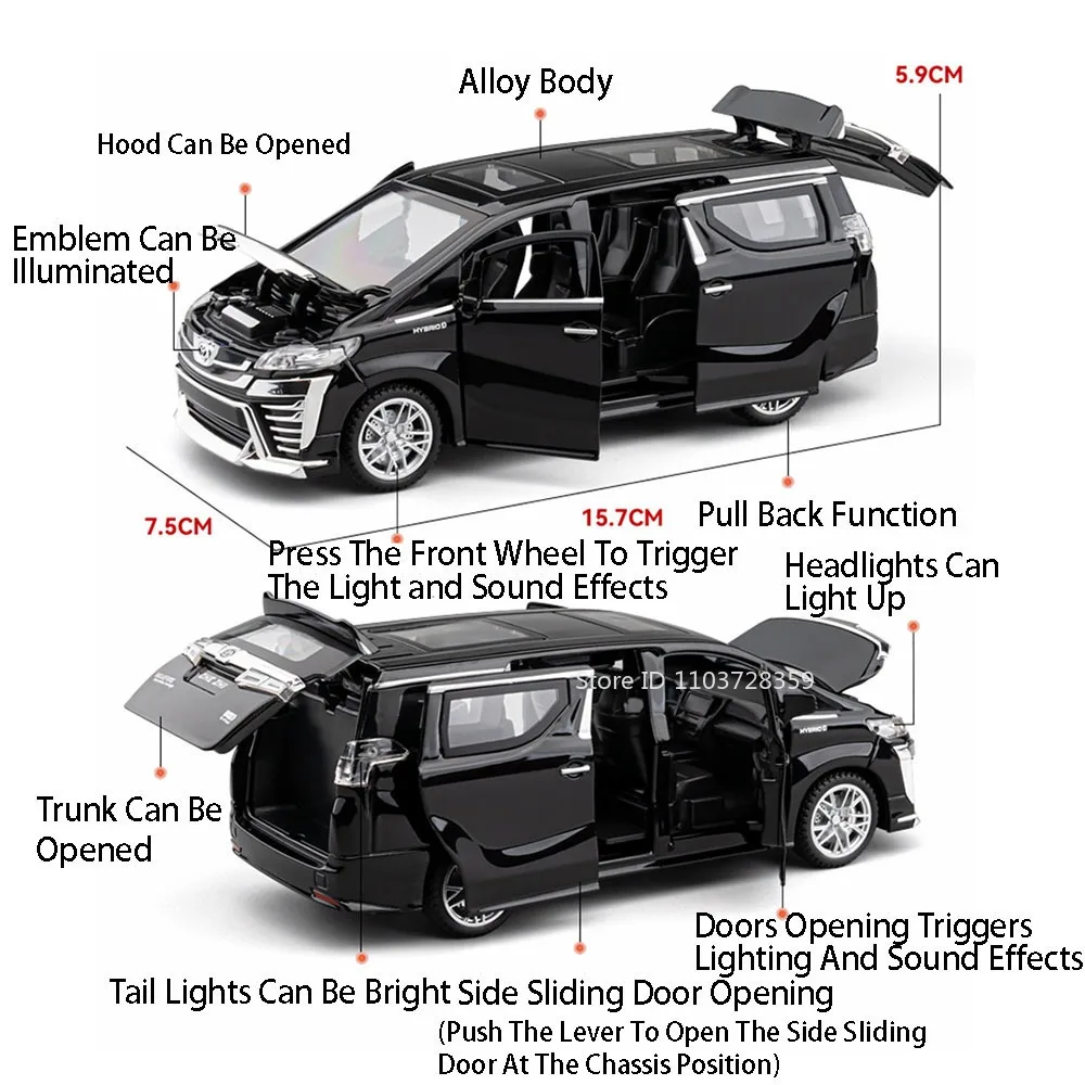 1:32 Vellfire LM300H MPV Model Speelgoedauto's Legering Diecast Deuren Geopend Trek Geluid Licht Prachtige Interieur Decoratie Auto Speelgoed