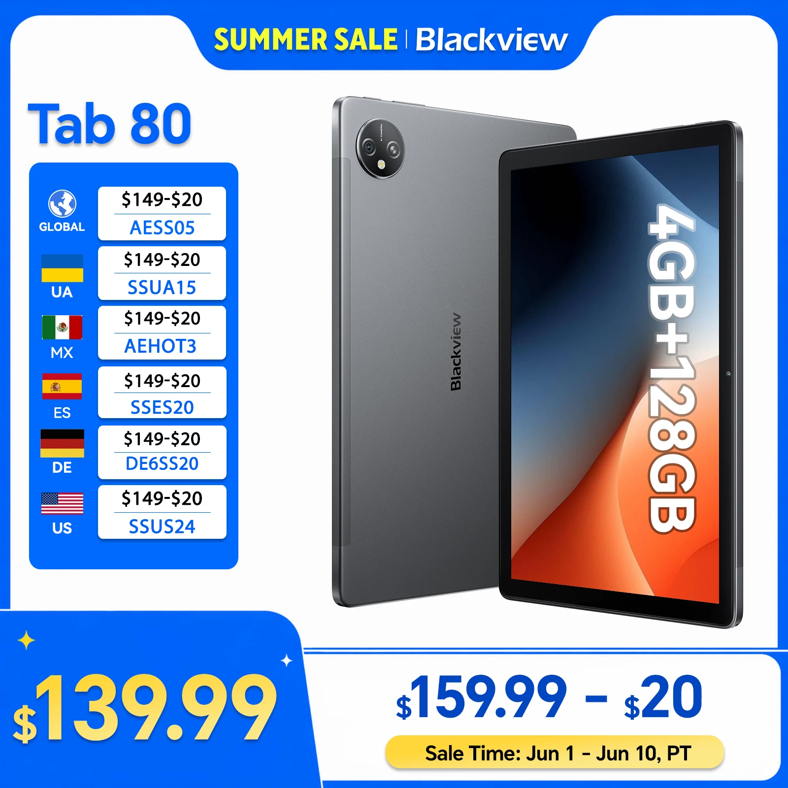 Blackview Tab 80 Android 13 Tablet 8GB 128GB 10.1-inch HD Display T606 Octa Core 7680mAh 2.4G/5G WiFi 13MP Rear Camera 4G tablet