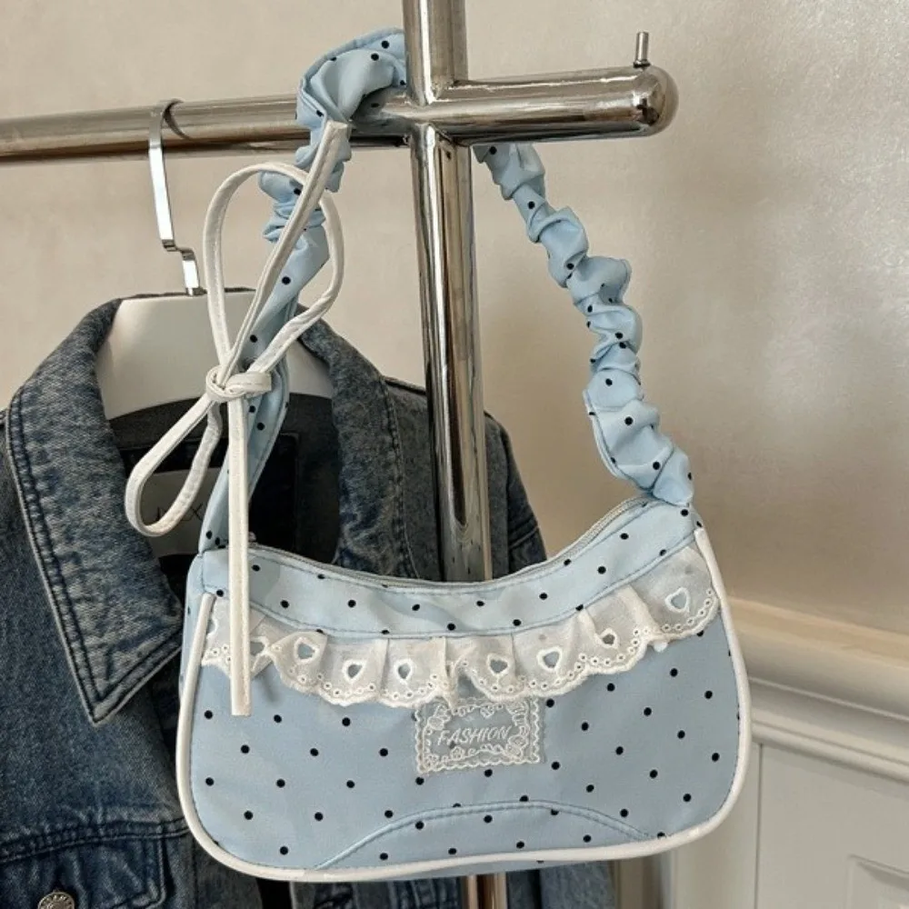 Lace Polka Dot Shoulder Bag Stretchable Strap Drawstring Pleated Underarm Bag Polyester Zipper Closure French Stick Handbag