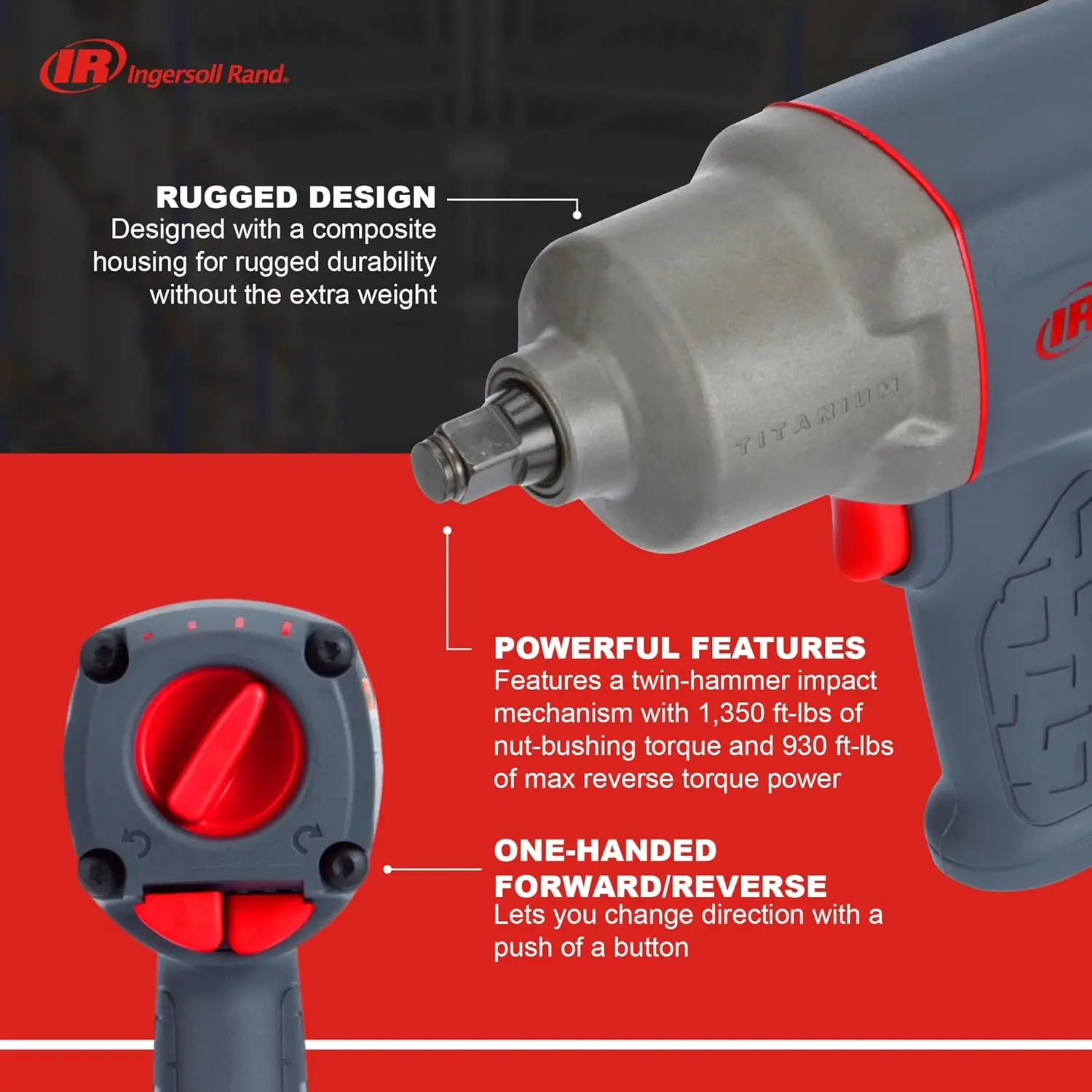 Пневматический гайковерт Ingersoll Rand 2235TiMAX 1/2 дюйма, крутящий момент 1350 футов-lb, титановый молотковый кейс, фиксатор с фрикционным кольцом, пистолет