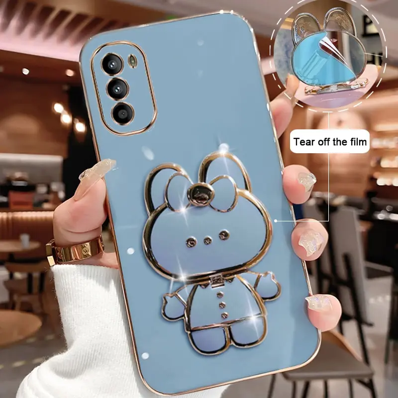 Makeup Mirror Phone Case For Motorola Moto G52 Motorola G52 Plating Cartoon Rabbit Folding Bracket Phone Protection Case Cover