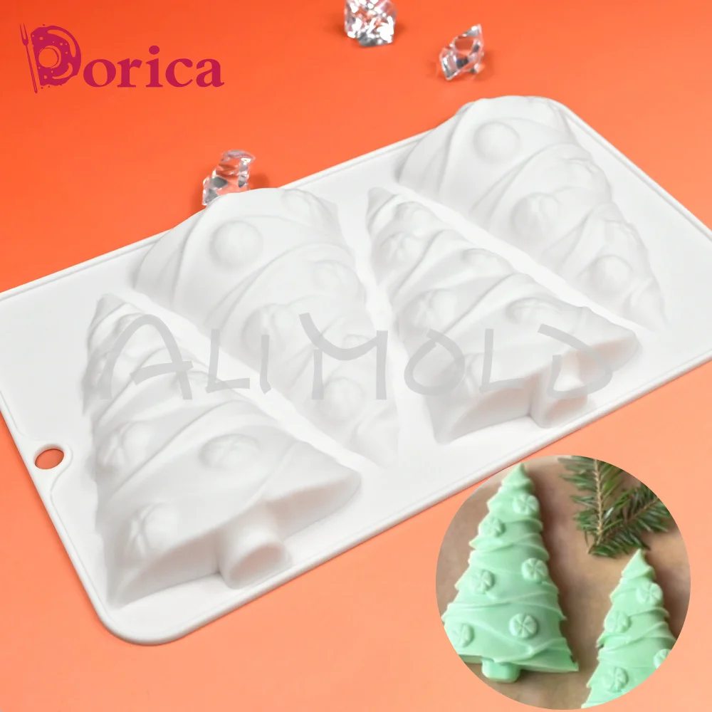 Dorica 4 Cavity 3D Christmas Tree Design Mousse Mold Chocolate French Dessert Pastry Silicone Mould Cake Baking Decorating Tools