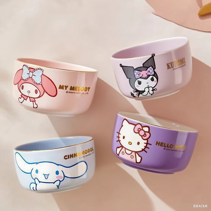 

New Sanrio Hello Kitty Ceramic Bowl Kawaii Anime Tableware Cute Girl Heart Student Rice Soup Noodle Bowl Household Gifts Toys