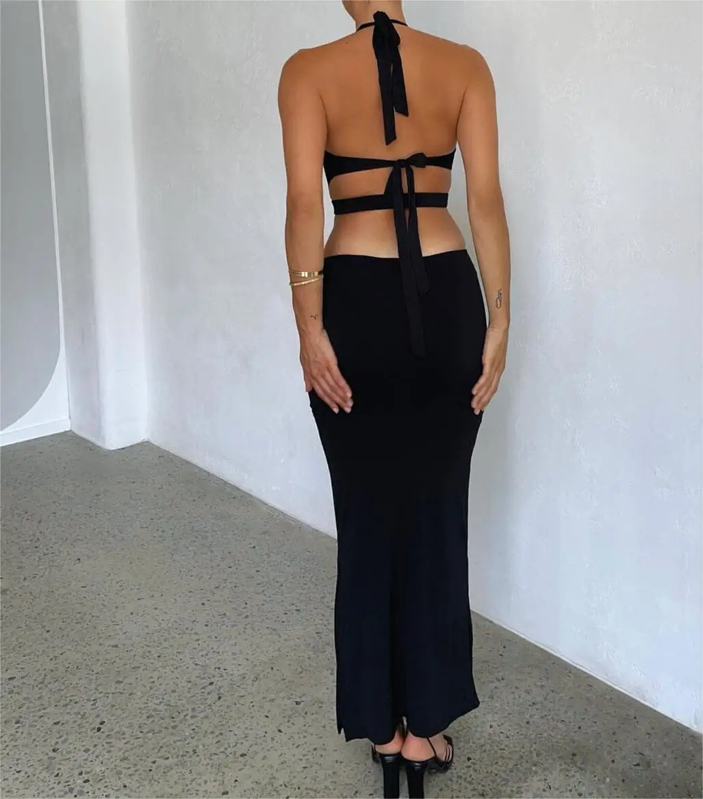 여성용 롱 바디콘 드레스, 단색 타이업 홀터 넥, 딥 브이넥 민소매 칵테일 드레스, 여름 파티 클럽 백리스 드레스