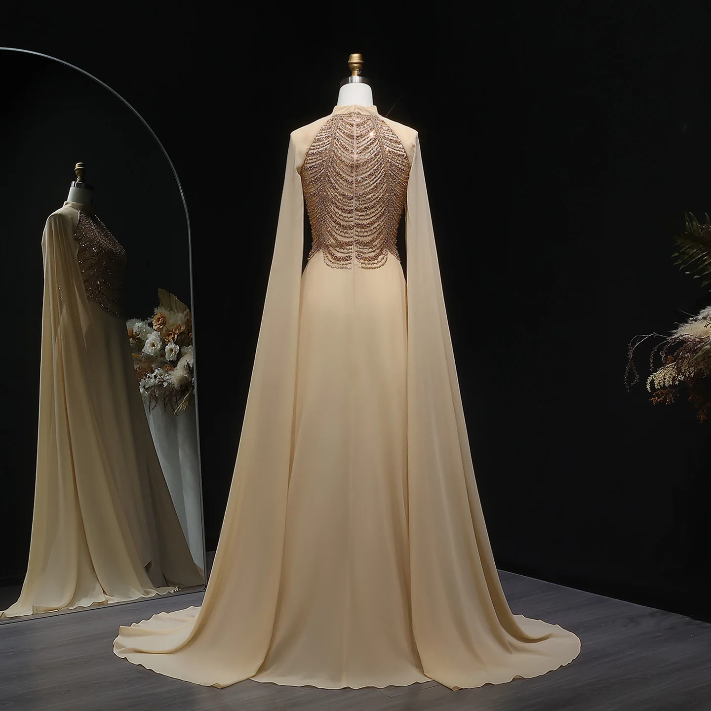 شارون سعيد فستان سهرة فاخر بلون الشامبانيا بأكمام قصيرة للنساء رداء حفلات الزفاف الرسمي العربية 2025 SF341 مخصص