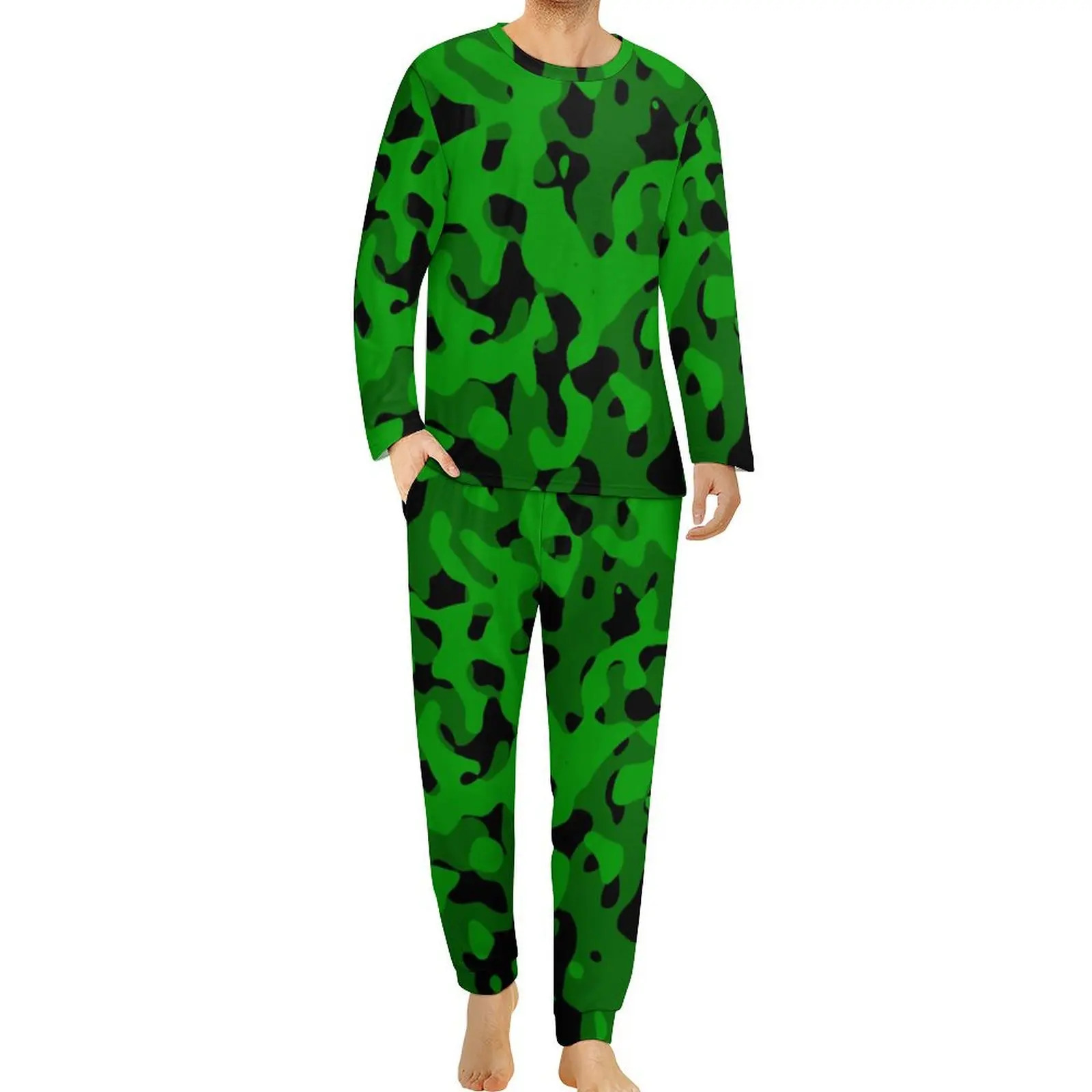 

Green Camouflage Pajamas Spring Abstract Design Print Room Nightwear Men 2 Pieces Graphic Long Sleeve Cool Oversized Pajamas Set