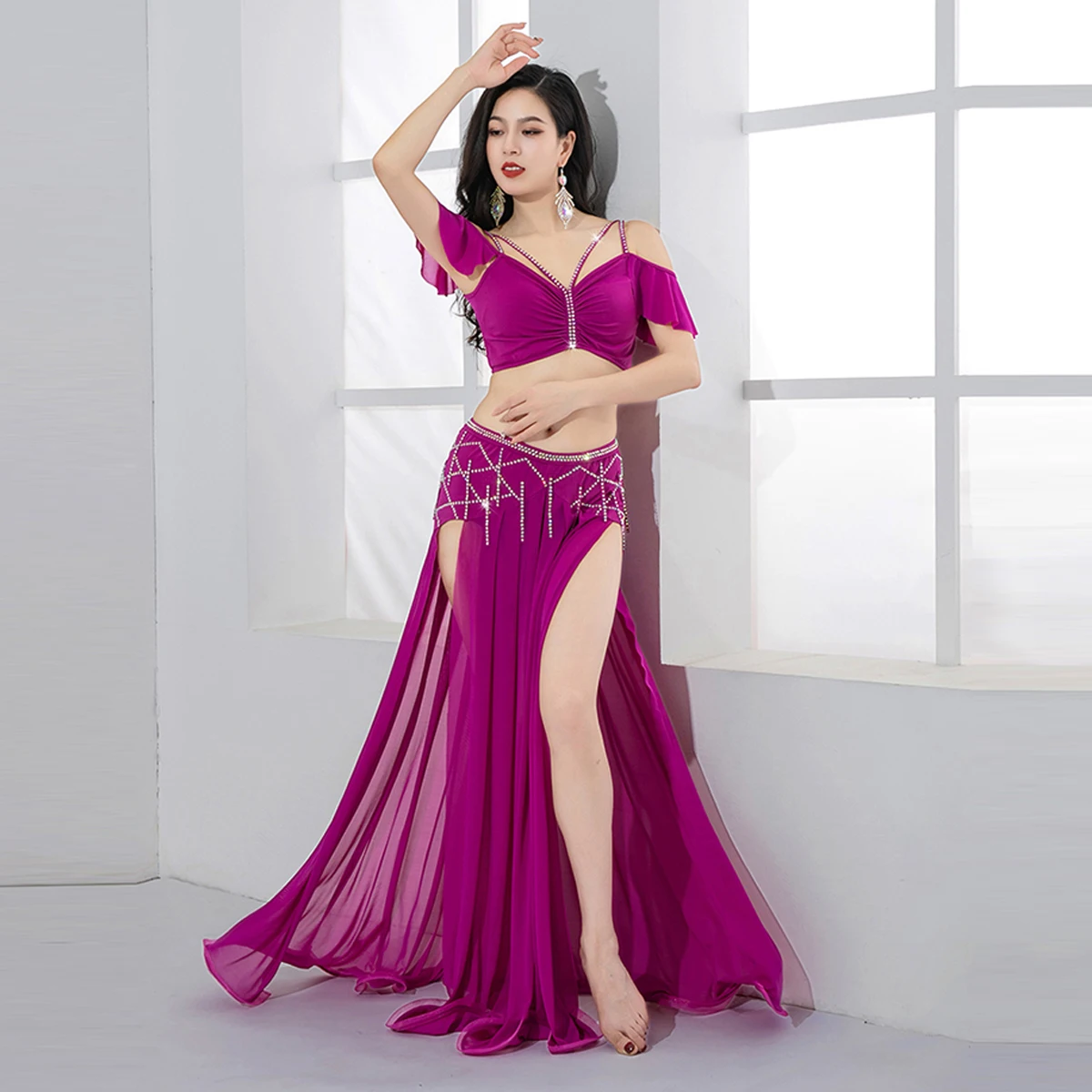 

Belly dance costume water diamond top+mesh slit skirt light luxury Eastern belly dance practice suit performance set