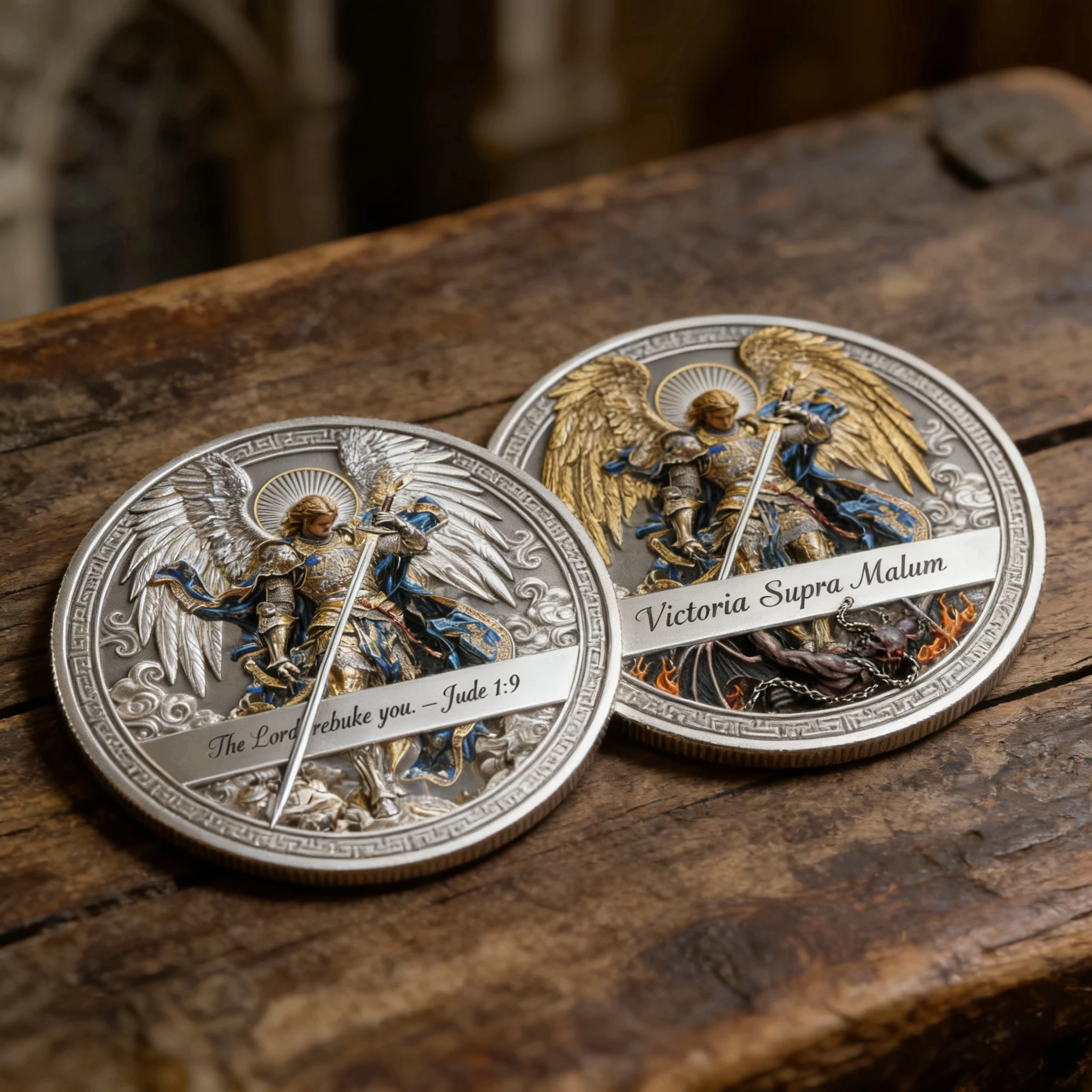 Moneda de Plata 3D del Arcángel San Miguel, Moneda Coleccionable de Alto Relieve, Regalo Conmemorativo de San Judas 1:9 Victoria Supra Malum