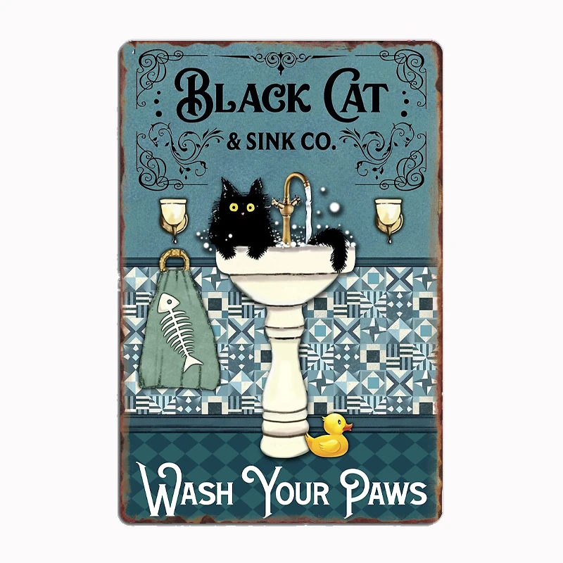 

Black Cat And Sink Co. Wash Your Paws Posters Metal Sign Custom Garage indoor Wall Room Decor Tin Vintage Home Decor