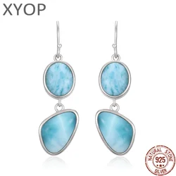 Natural Precious Larimar Earrings for Women 2021 New Simple Fashion Geometric Charm 925 Sterling Silver Jewelry Gift Classic