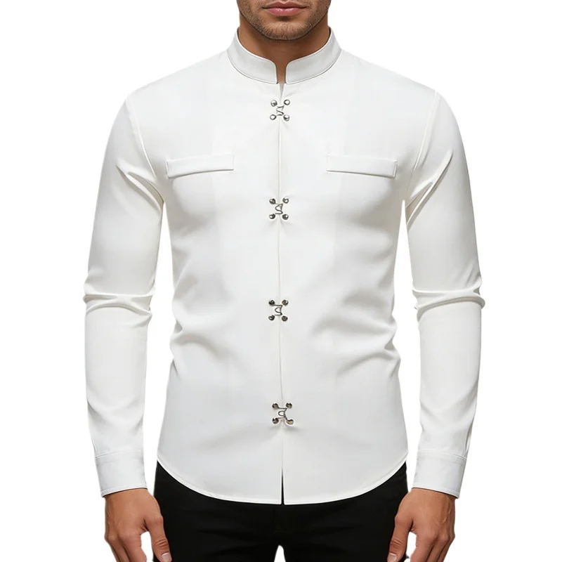 

Мужская рубашка для торжественных мероприятий, высококачественная готическая одежда, роскошная рубашка с металлической пряжкой, дизайнерская однотонная рубашка-карго для вечеринок, сцены и уличной моды