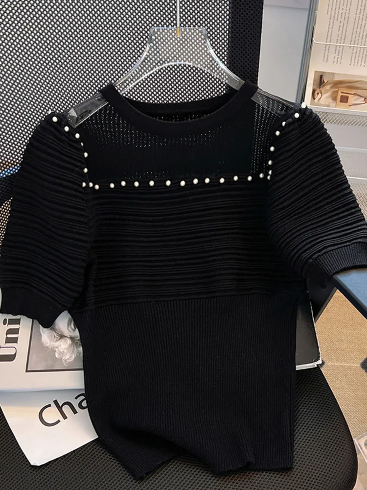 2023 Summer Knitted Sweater Women Nailed Beads Slim Ice Silk Solid Color O-Neck Bubble Short Sleeve Pullover Knitwear Thin Tops