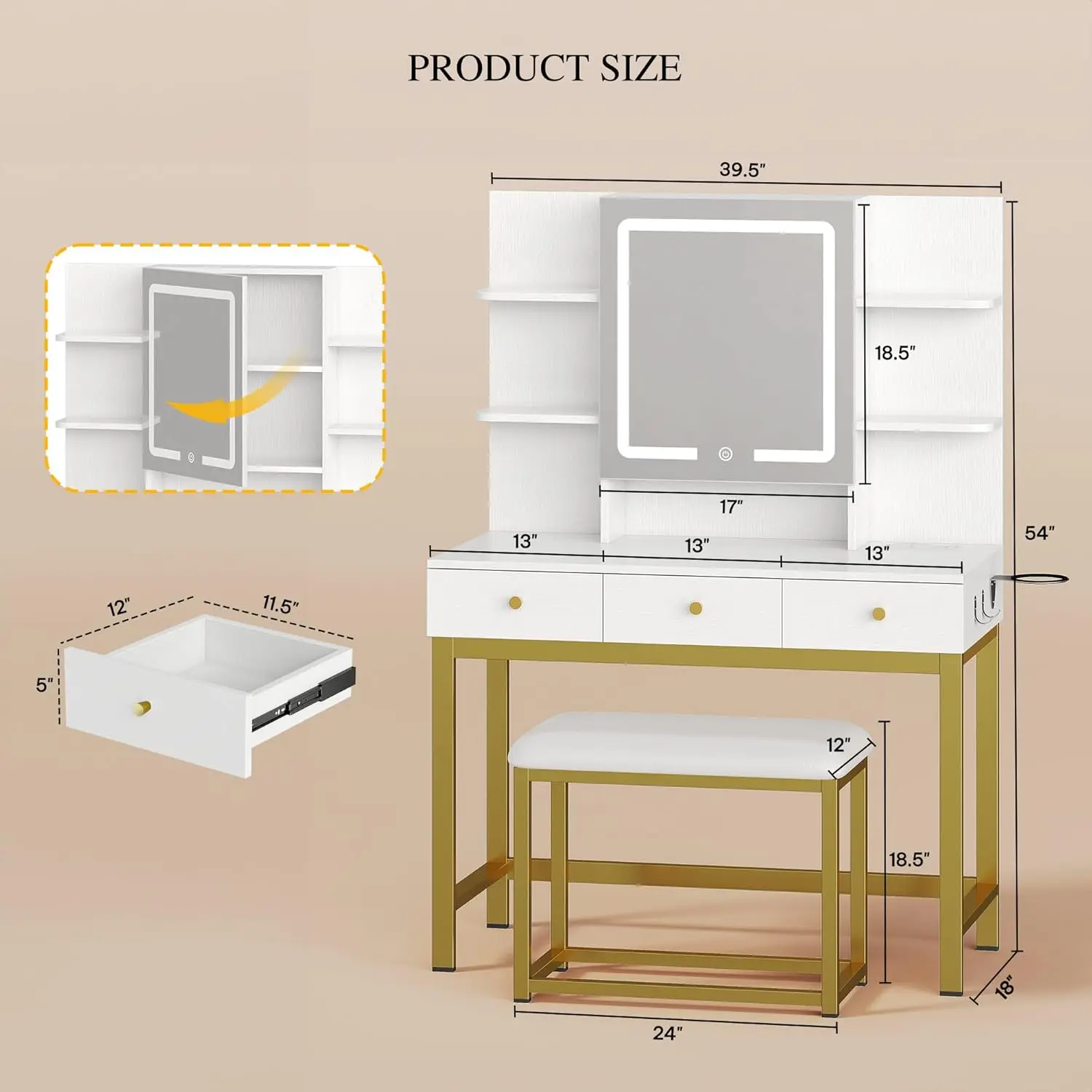 مكتب فانيتي مع مرآة وأضواء LED ومنافذ طاقة، ومجموعة طاولة مكياج مع 3 أوضاع إضاءة قابلة للتعديل، وأرفف مفتوحة