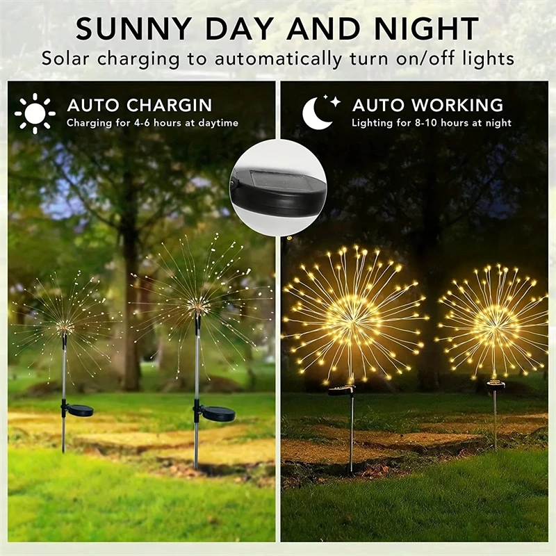 1-6pcs Solar Outdoor Firework Light Waterproof 8 Lighting Modes Fairy String Light Christmas Garden Decor 90-200LED 3 Colors