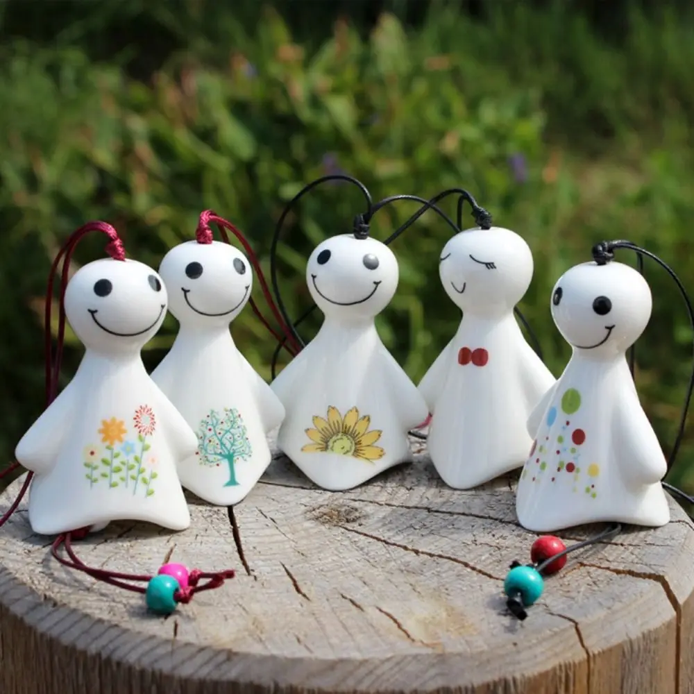 Cartoon Sunny Dolls Wind Chimes Handmade Cute Smile Doll Wind Chimes Antique Japanese Hanging Porcelain Wind Chimes