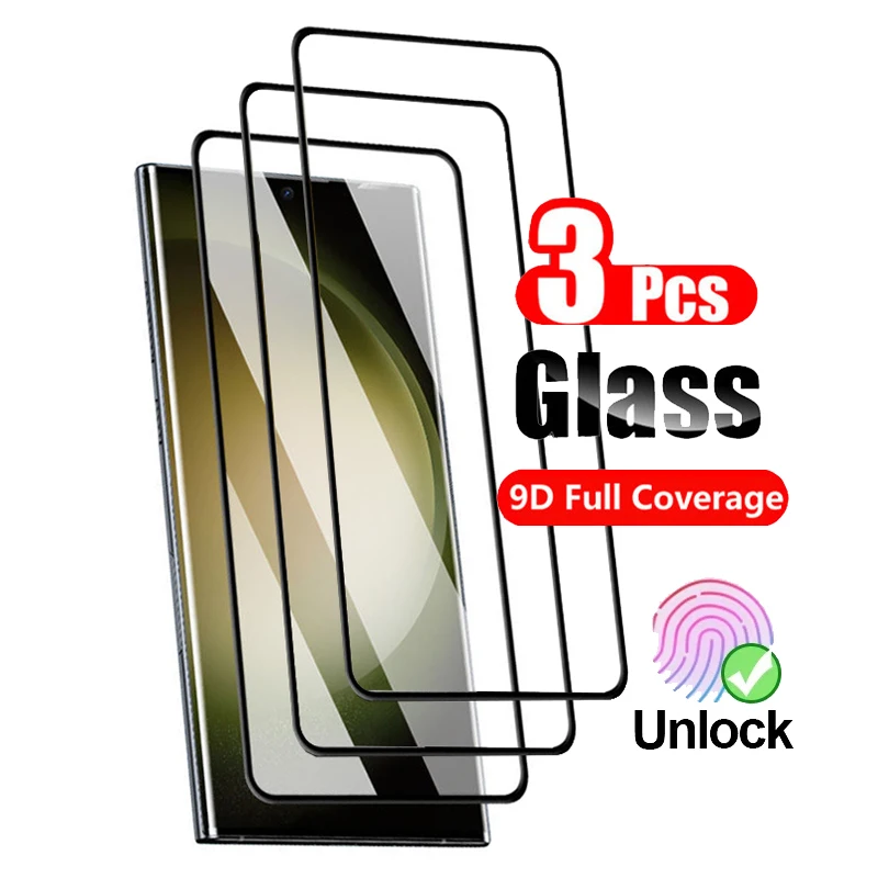 3Pcs Full Cover Tempered Glass For Samsung Galaxy S24 Ultra Plus S24+ 5G Screen Protector Finger ID Unlock Glass Film Black Edge