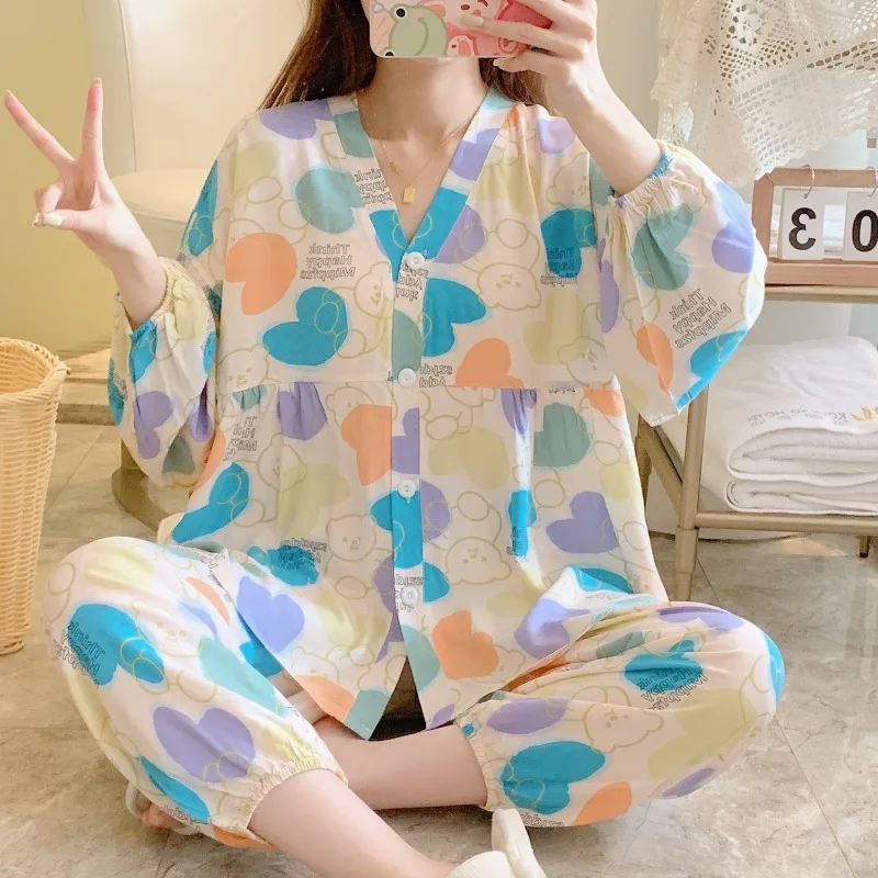 2023  New Cardigan Cotton Silk Pajamas Women Spring Autumn Thin Cotton Home Clothes Summer Girl Cotton Silk Suit